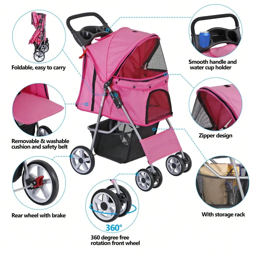 Pet Stroller For Dogs And Cats, 3 4 WheelDesign With Storage Basket Cup Holder, Lightweight Travel Carrier For Small Medium Pet