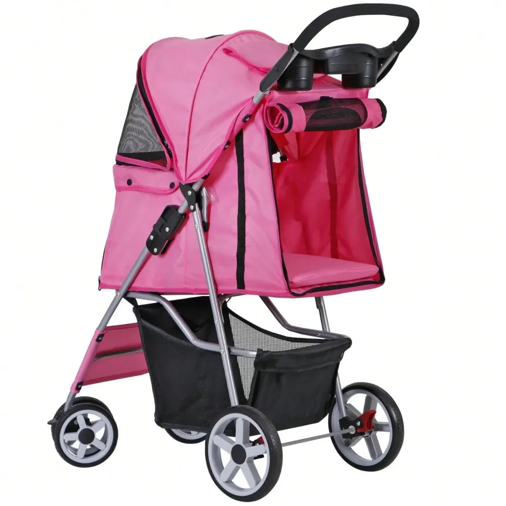 Pet Stroller For Dogs And Cats, 3 4 WheelDesign With Storage Basket Cup Holder, Lightweight Travel Carrier For Small Medium Pet