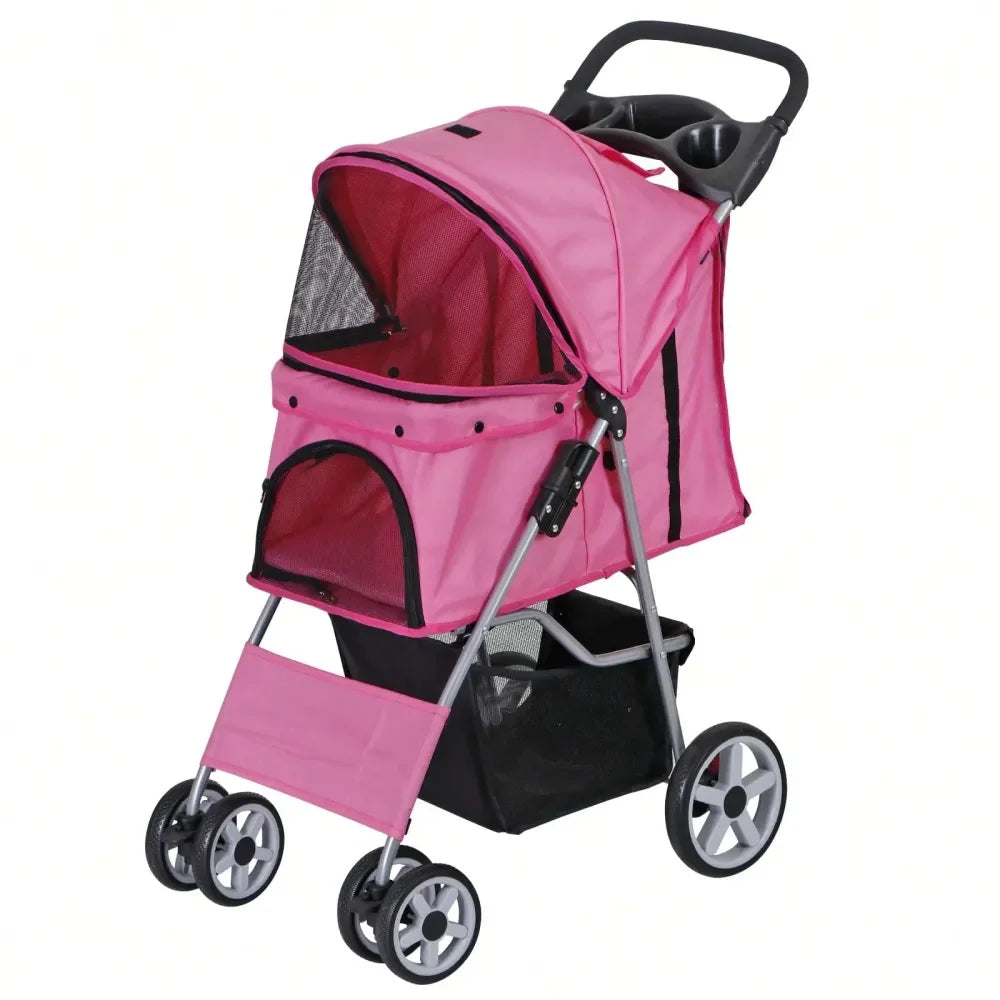 Pet Stroller For Dogs And Cats, 3 4 WheelDesign With Storage Basket Cup Holder, Lightweight Travel Carrier For Small Medium Pet