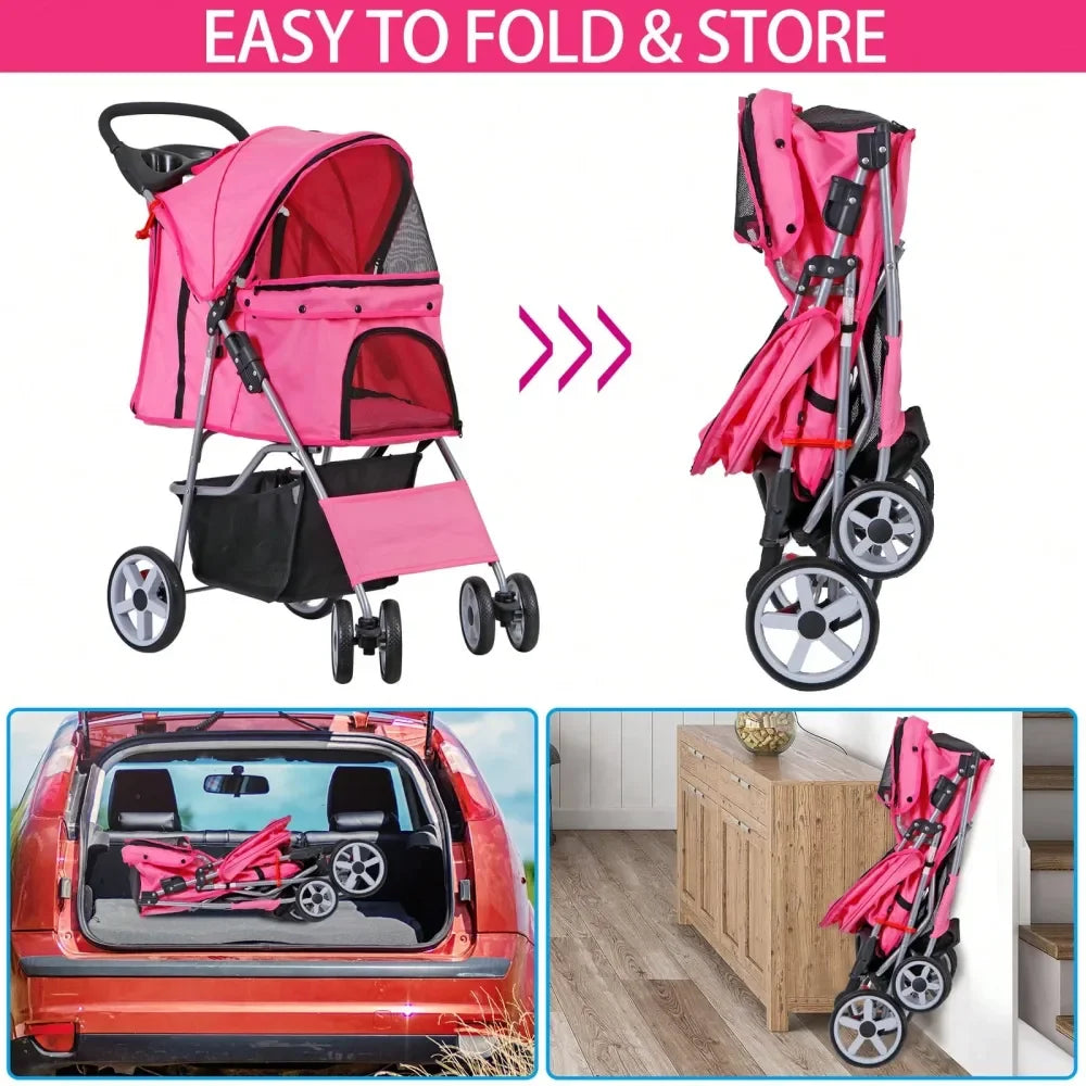 Pet Stroller For Dogs And Cats, 3 4 WheelDesign With Storage Basket Cup Holder, Lightweight Travel Carrier For Small Medium Pet