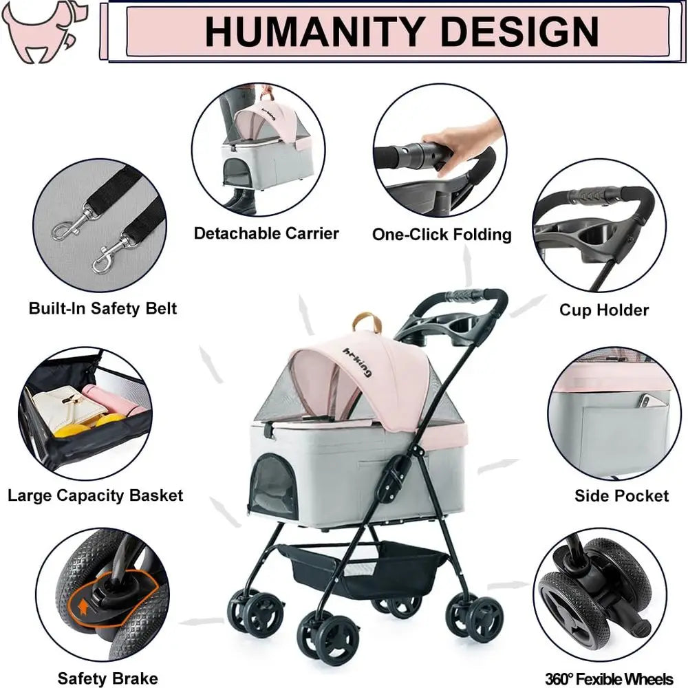 Pet Stroller for Small Dogs and Cats, Folding Lightweight Dog Stroller with Detachable Carrier Portable Cat Puppy Jogging Stroll